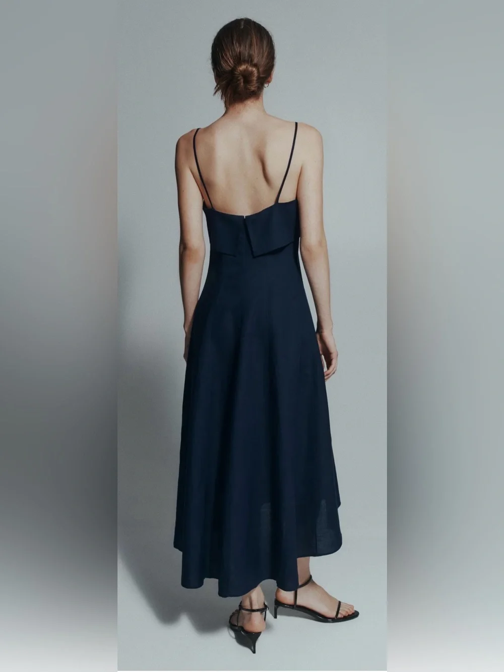 Linen Navy Spaghetti-Strap Midi Dress